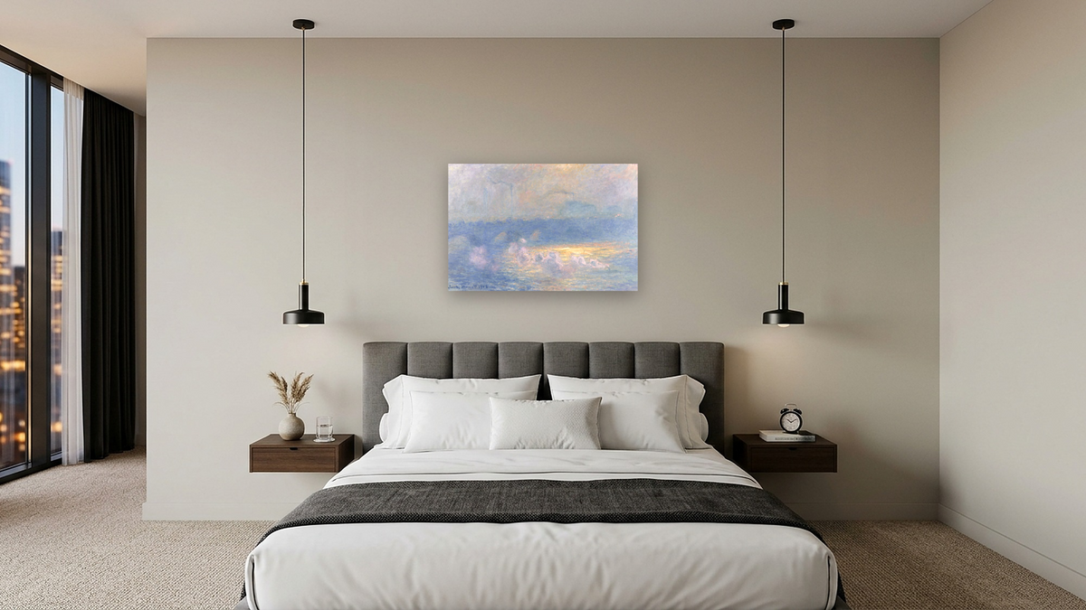 Waterloo Bridge, Sunlight Effect with Smoke by Claude Monet, shown at 28 × 42 in (71.1 × 106.7 cm) as gallery-wrapped canvas, hotel guest room