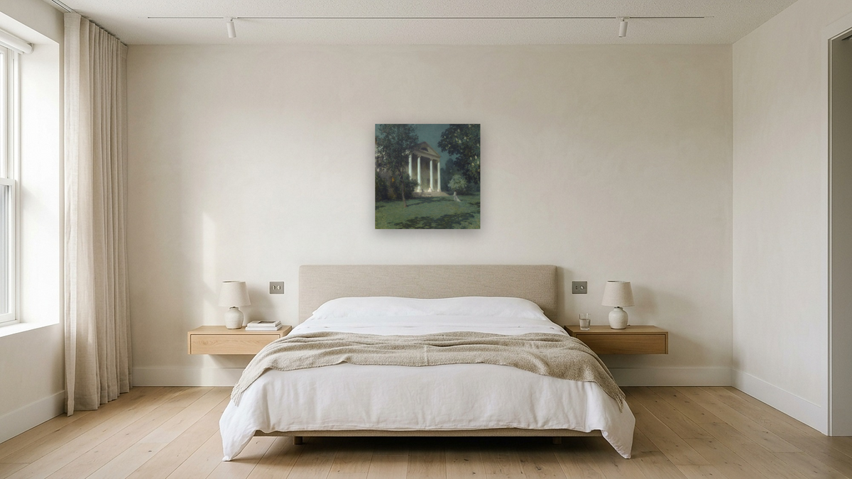 May Night by Willard LeRoy Metcalf, shown at 32 × 32 in (81.3 × 81.3 cm) as gallery-wrapped canvas, hotel guest room