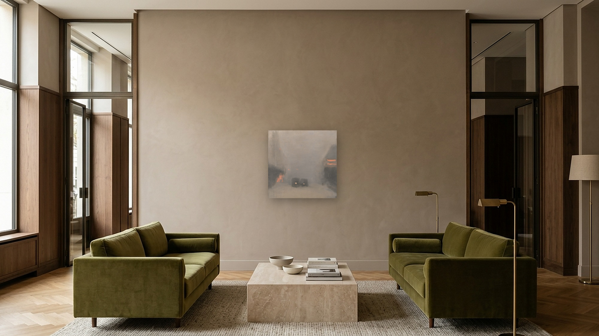 Passing Trams by Clarice Beckett, shown at 32 × 32 in (81.3 × 81.3 cm) as gallery-wrapped canvas, hotel lobby
