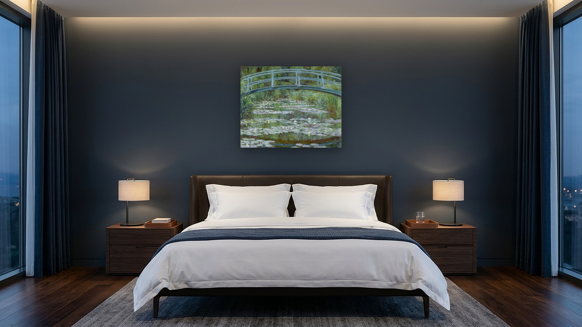 The Japanese Footbridge by Claude Monet, shown at 32 × 40 in (81.3 × 101.6 cm) as gallery-wrapped canvas, hotel guest room