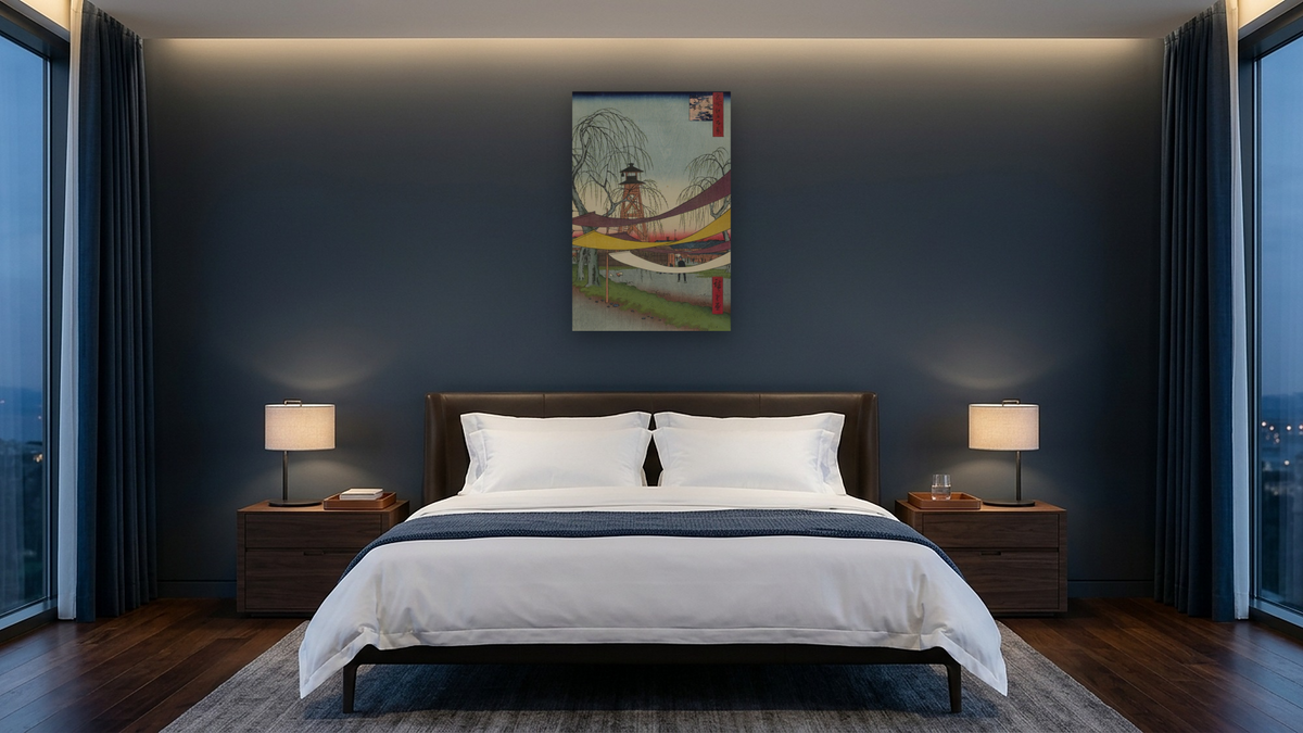 Hatsune Riding Grounds, Bakuro-cho, No. 6 in One Hundred Famous Views of Edo by Utagawa Hiroshige, shown at 28 × 42 in (71.1 × 106.7 cm) as gallery-wrapped canvas, hotel guest room