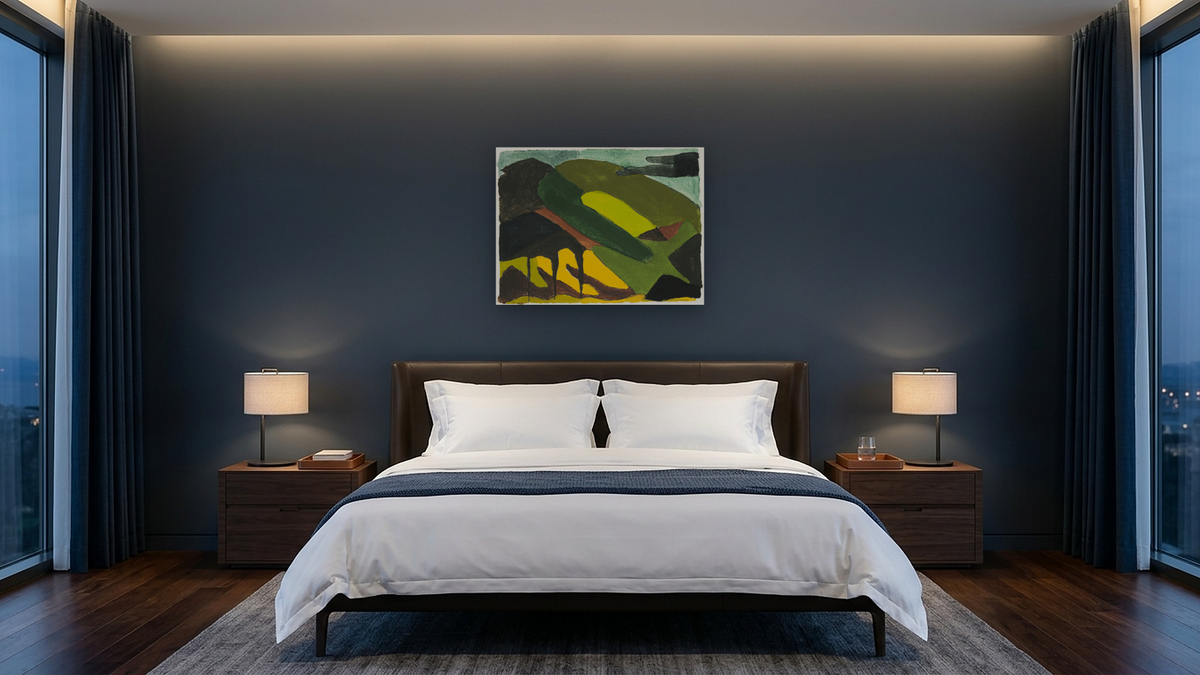 Untitled (# 15 in a Portfolio of 24 sketches) by Arthur Dove, shown at 30 × 40 in (76.2 × 101.6 cm) as gallery-wrapped canvas, hotel guest room