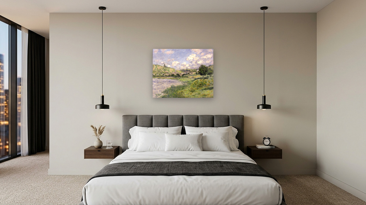 Landscape, Vetheuil by Claude Monet, shown at 32 × 40 in (81.3 × 101.6 cm) as gallery-wrapped canvas, hotel guest room