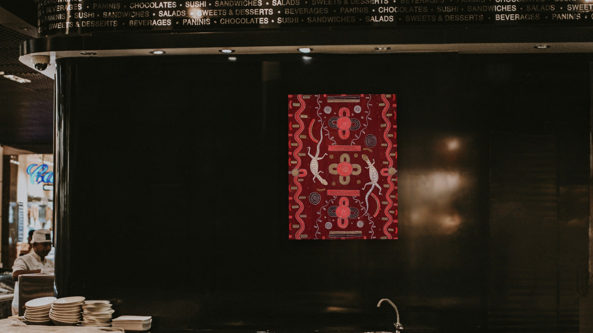 Goanna Dreaming by Kaapa Tjampitjinpa, shown at 30 × 40 in (76.2 × 101.6 cm) as gallery-wrapped canvas, restaurant