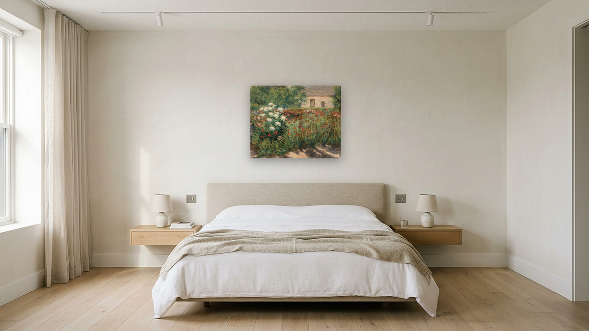Garden at Giverny by John Leslie Breck, shown at 32 × 40 in (81.3 × 101.6 cm) as gallery-wrapped canvas, hotel guest room