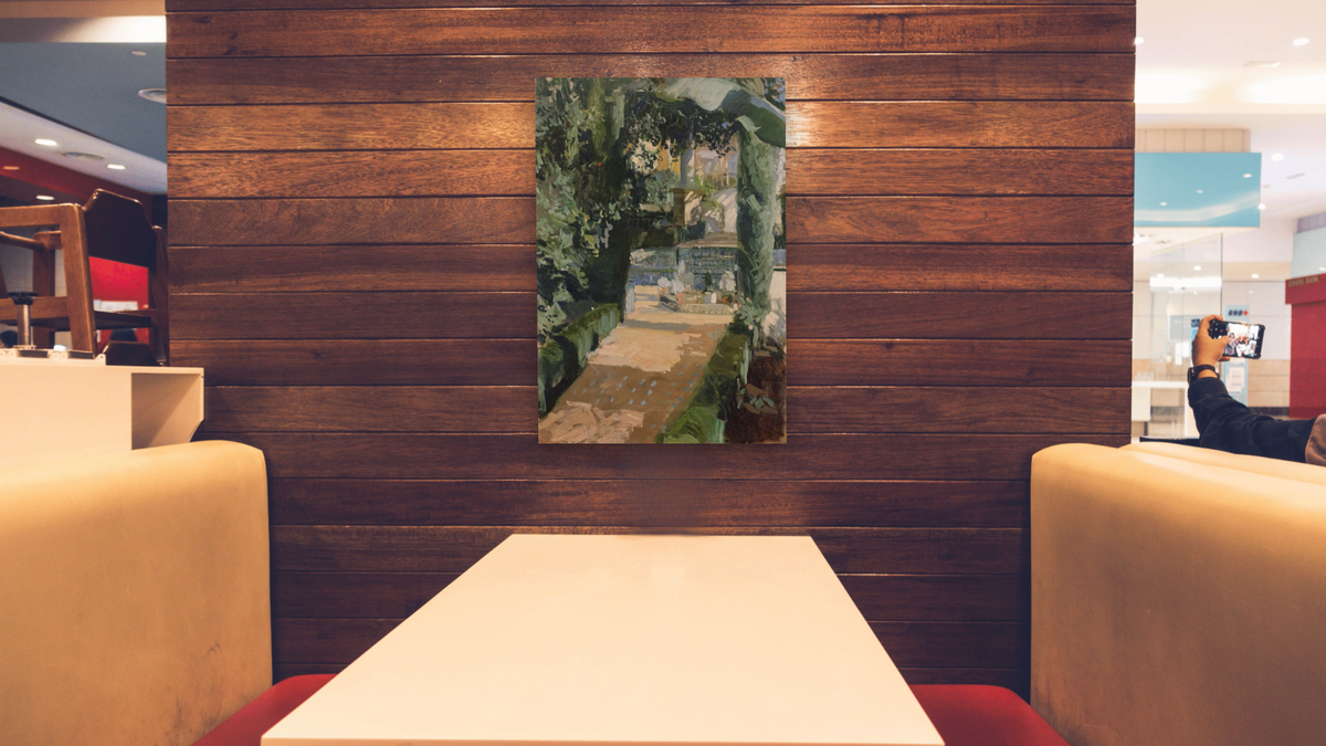 Court of the Dances, Alcázar, Sevilla by Joaquin Sorolla y Bastida, shown at 28 × 42 in (71.1 × 106.7 cm) as gallery-wrapped canvas, restaurant