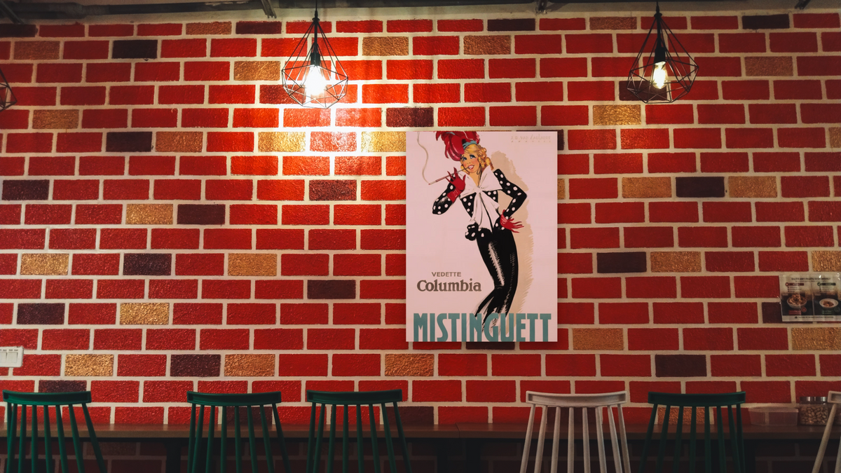 Vedette Columbia Mistinguett Poster by Jean Dominique van Caulaert, shown at 30 × 40 in (76.2 × 101.6 cm) as gallery-wrapped canvas, restaurant