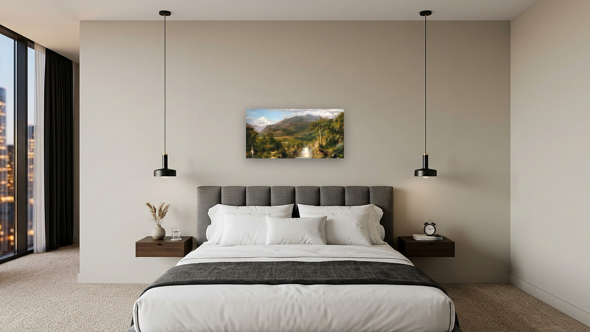 Heart of the Andes by Frederic Edwin Church, shown at 20 × 40 in (50.8 × 101.6 cm) as gallery-wrapped canvas, hotel guest room