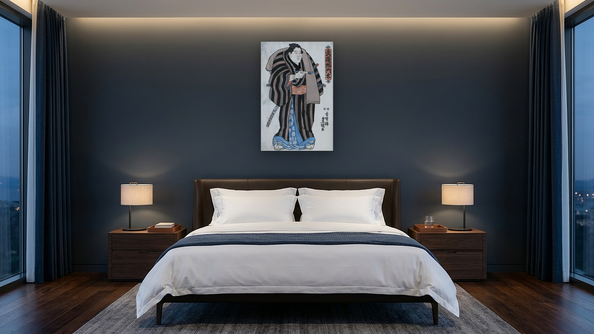 The sumo wrestler Musashino Monta by Utagawa Toyokuni, shown at 28 × 42 in (71.1 × 106.7 cm) as gallery-wrapped canvas, hotel guest room