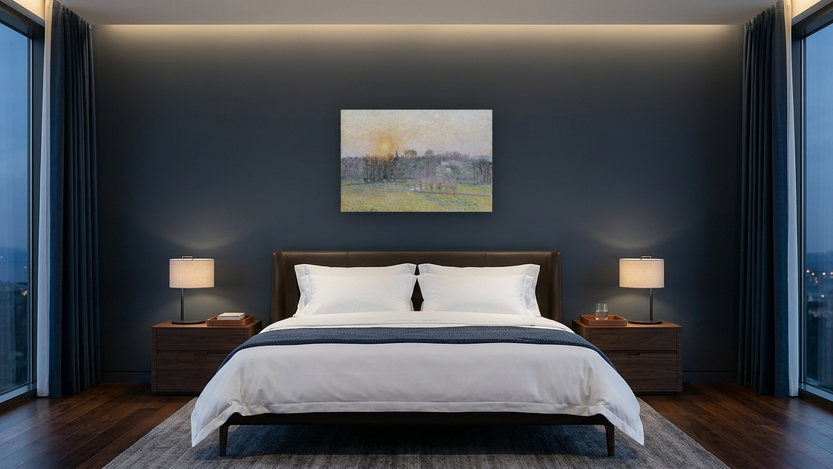 Sunset, Bazincourt by Camille Pissarro, shown at 28 × 42 in (71.1 × 106.7 cm) as gallery-wrapped canvas, hotel guest room