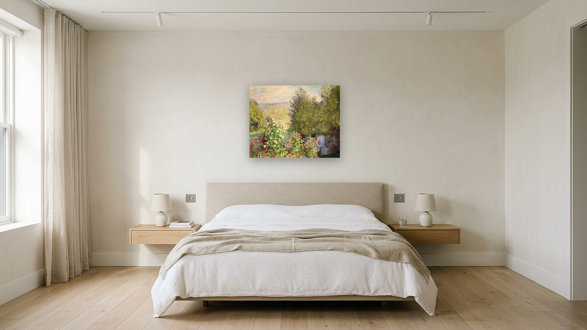 A Corner of the Garden at Montgeron by Claude Monet, shown at 32 × 40 in (81.3 × 101.6 cm) as gallery-wrapped canvas, hotel guest room