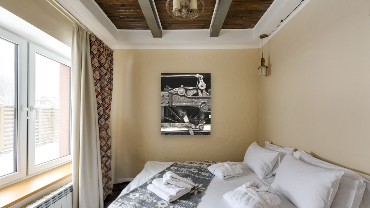 Baker Valve Gear, NN #40 from the Nevada Northern Series by Gordon Osmundson, shown at 32 × 40 in (81.3 × 101.6 cm) as gallery-wrapped canvas, hotel guest room