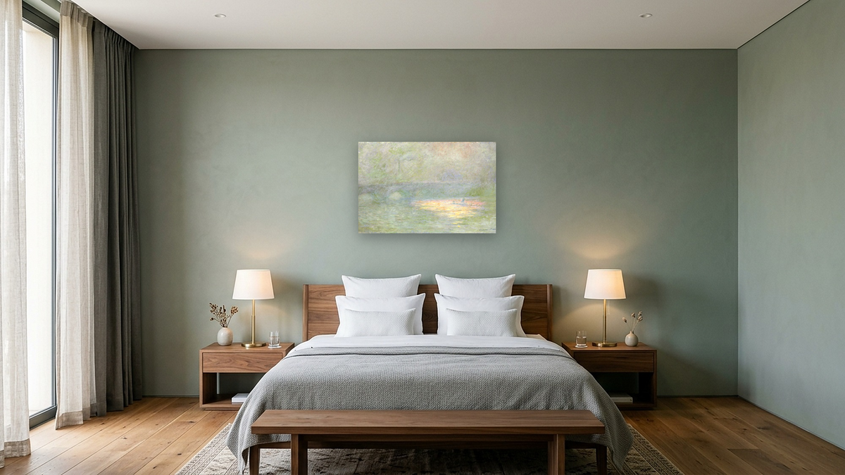 Waterloo Bridge by Claude Monet, shown at 28 × 42 in (71.1 × 106.7 cm) as gallery-wrapped canvas, hotel guest room