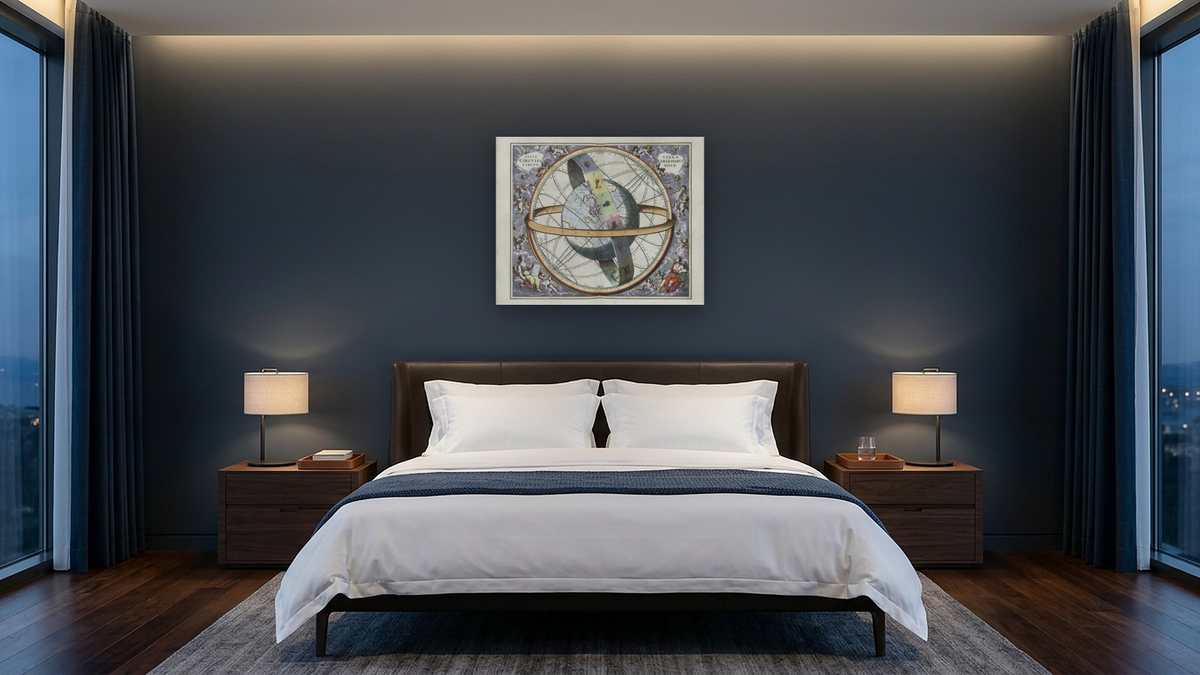 Plate 11 from Harmonia Macrocosmica by Andreas Cellarius, shown at 32 × 40 in (81.3 × 101.6 cm) as gallery-wrapped canvas, hotel guest room