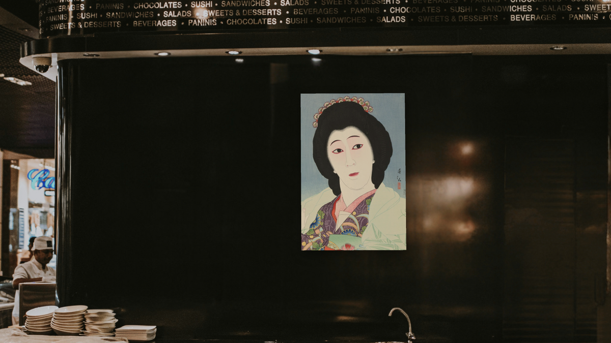 Onoye Baiko as Sayuri by Natori Shunsen, shown at 28 × 42 in (71.1 × 106.7 cm) as gallery-wrapped canvas, restaurant