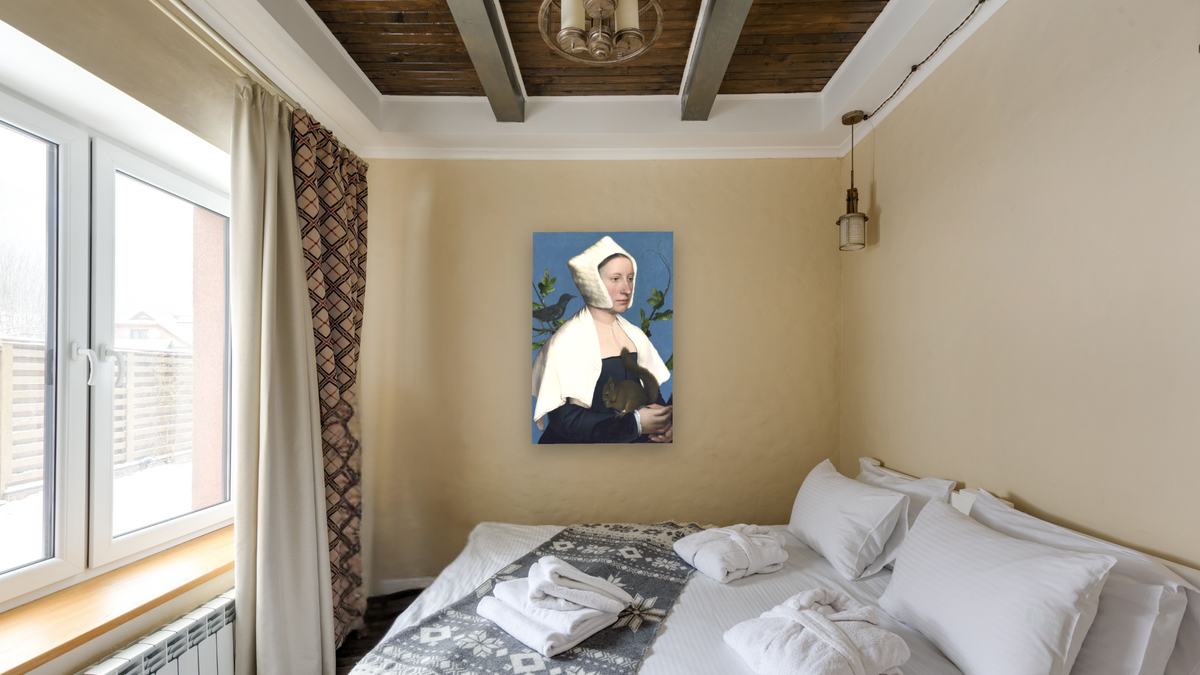 Lady with a Squirrel and a Starling by Hans Holbein the Younger, shown at 28 × 42 in (71.1 × 106.7 cm) as gallery-wrapped canvas, hotel guest room