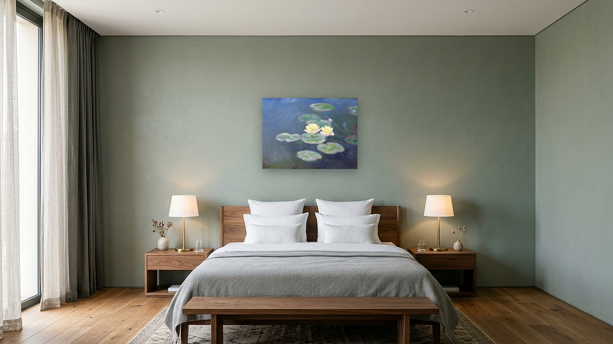 Nympheas: Sun Effects by Claude Monet, shown at 30 × 40 in (76.2 × 101.6 cm) as gallery-wrapped canvas, hotel guest room