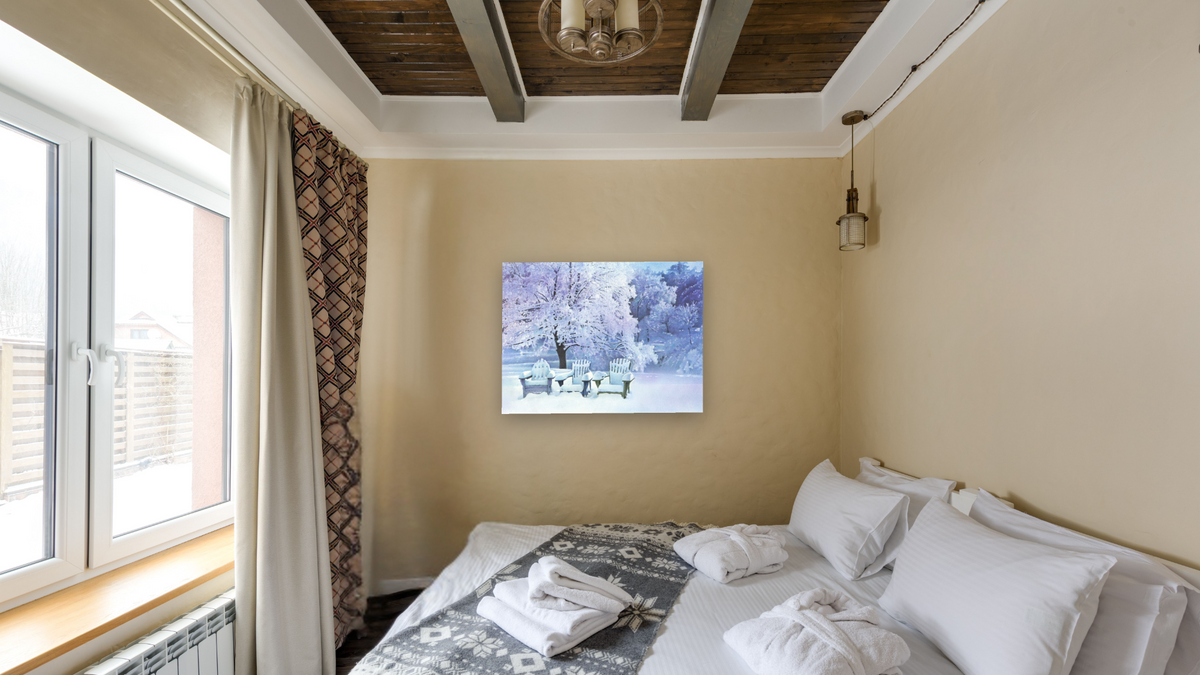 Adirondack Chairs by Kirsten Söderlind, shown at 30 × 40 in (76.2 × 101.6 cm) as gallery-wrapped canvas, hotel guest room
