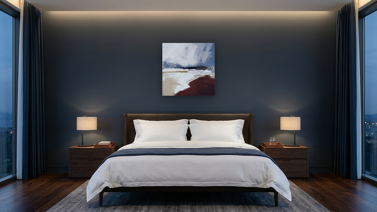 April Tide by Dan Hobday, shown at 32 × 32 in (81.3 × 81.3 cm) as gallery-wrapped canvas, hotel guest room