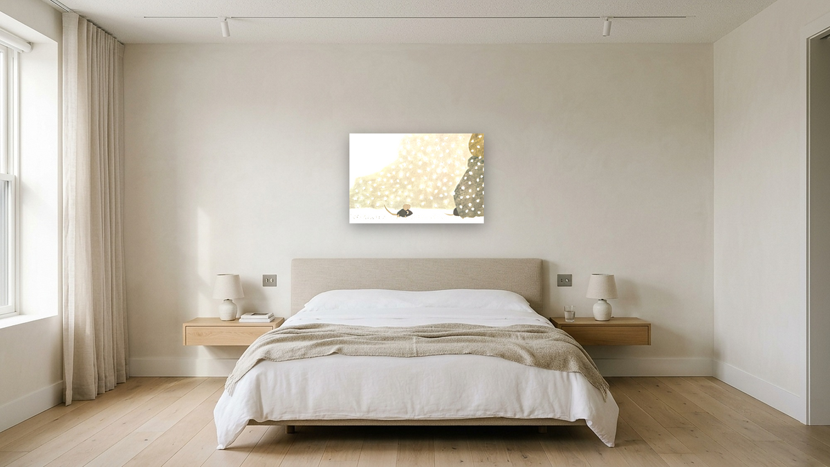 Frederick VI by Leo Lionni, shown at 28 × 42 in (71.1 × 106.7 cm) as gallery-wrapped canvas, hotel guest room