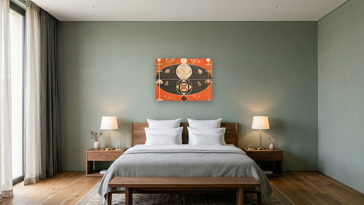 Group VI, Evolution, No. 16 by Hilma af Klint, shown at 30 × 40 in (76.2 × 101.6 cm) as gallery-wrapped canvas, hotel guest room