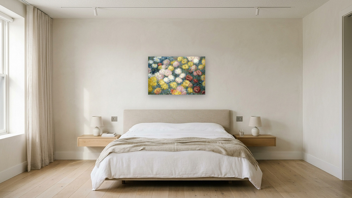Chrysanthemums by Claude Monet, shown at 28 × 42 in (71.1 × 106.7 cm) as gallery-wrapped canvas, hotel guest room