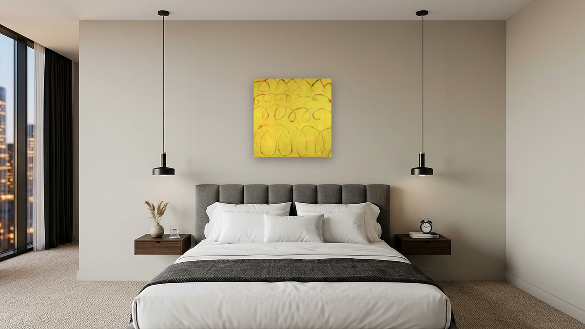 Roma by Katherine Bello, shown at 32 × 32 in (81.3 × 81.3 cm) as gallery-wrapped canvas, hotel guest room