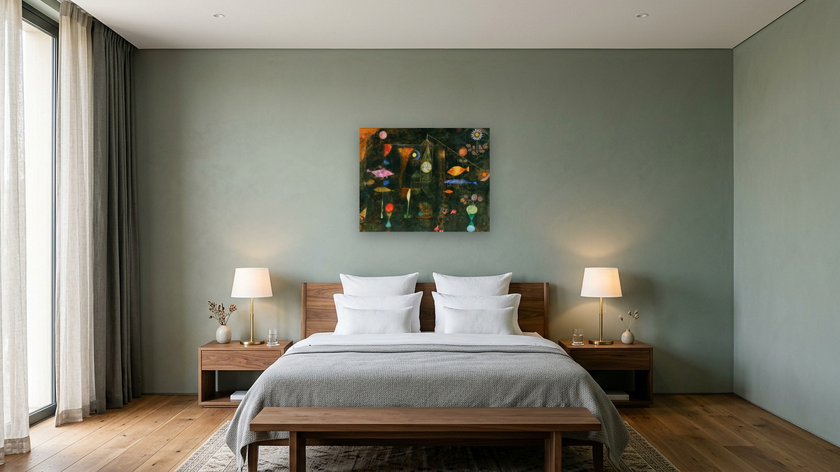 Fish Magic by Paul Klee, shown at 32 × 40 in (81.3 × 101.6 cm) as gallery-wrapped canvas, hotel guest room