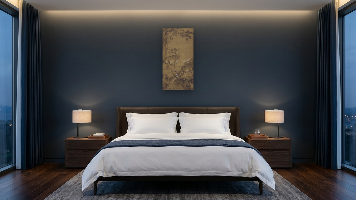 A Birthday Painting, Qing Dynasty (1644-1911) by Shen Nanpin, shown at 20 × 40 in (50.8 × 101.6 cm) as gallery-wrapped canvas, hotel guest room