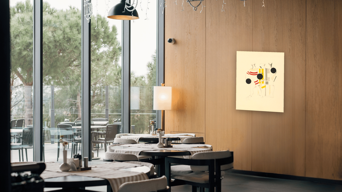 Sportsmen by El Lissitzky, shown at 32 × 40 in (81.3 × 101.6 cm) as gallery-wrapped canvas, restaurant