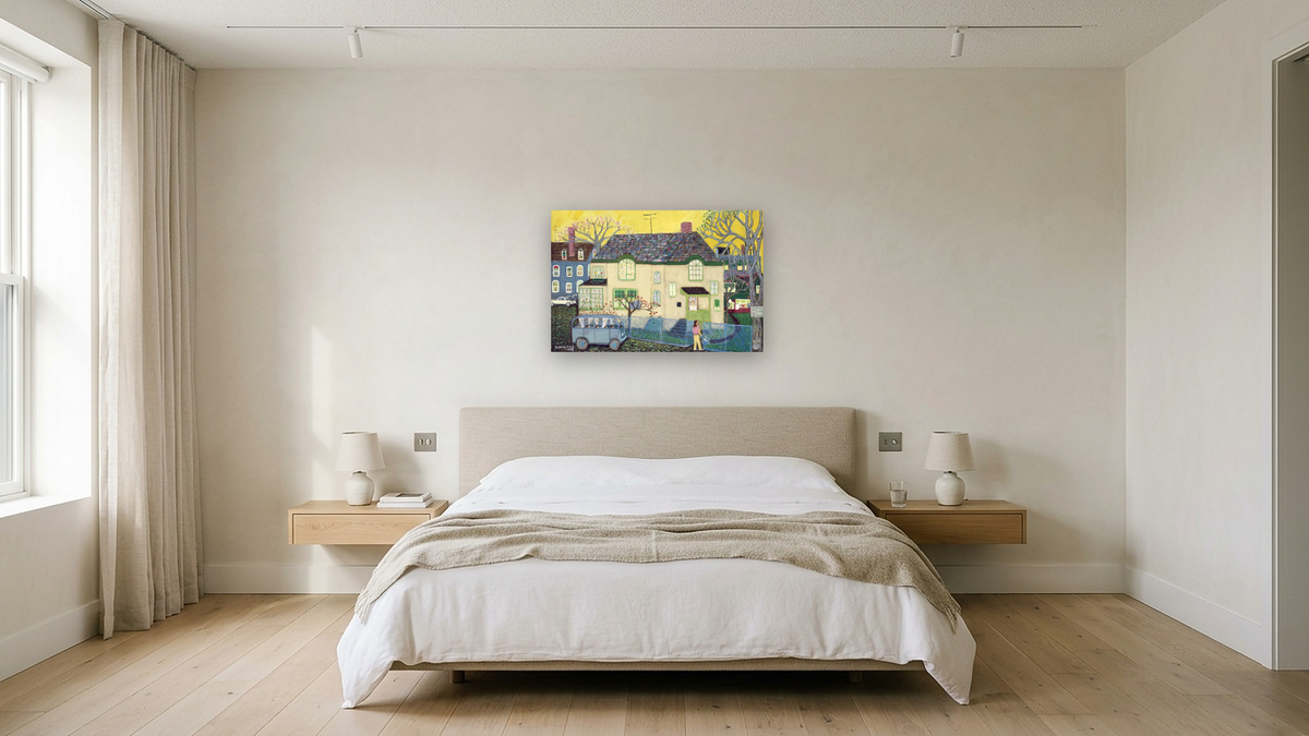 Otero's House by Ralph Fasanella, shown at 28 × 42 in (71.1 × 106.7 cm) as gallery-wrapped canvas, hotel guest room