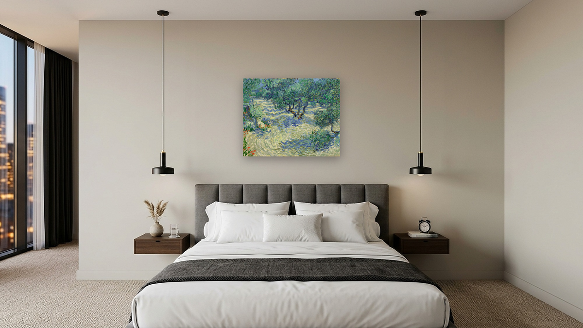 Olive Trees by Vincent van Gogh, shown at 32 × 40 in (81.3 × 101.6 cm) as gallery-wrapped canvas, hotel guest room