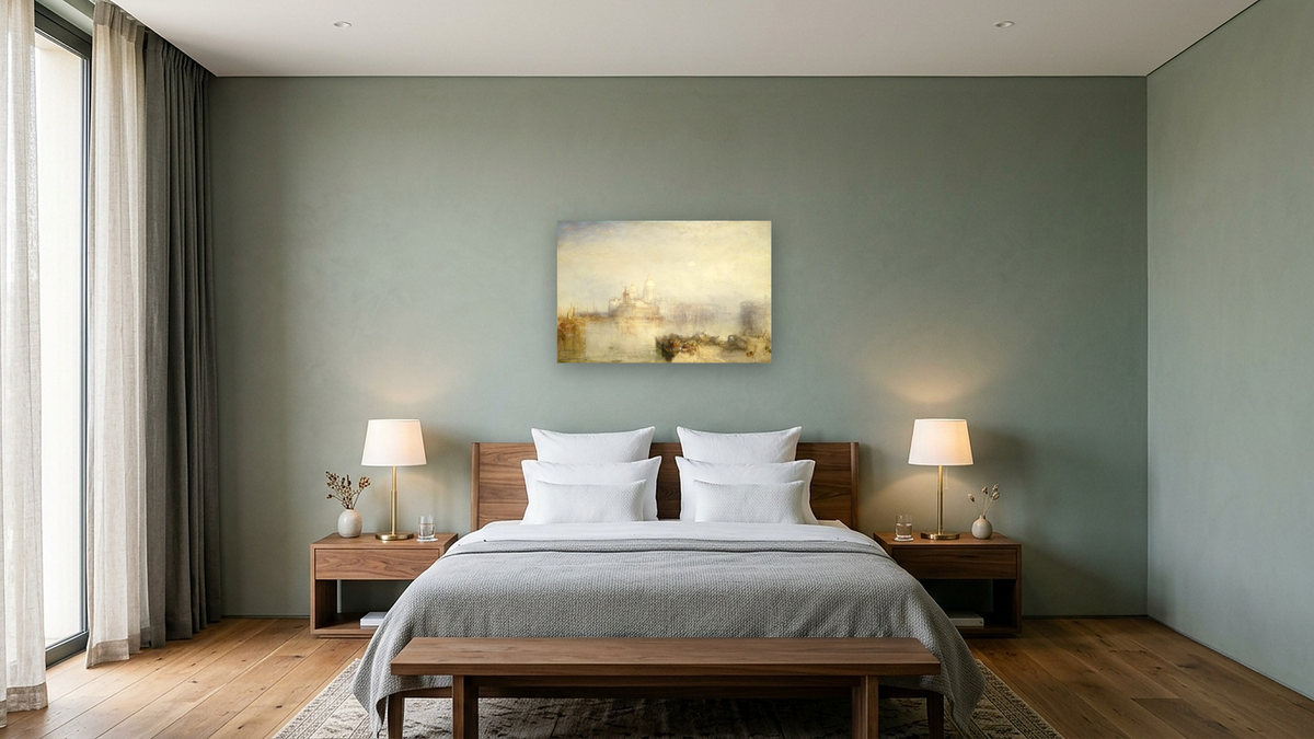 The Dogana and Santa Maria della Salute, Venice by Joseph Mallord William Turner, shown at 28 × 42 in (71.1 × 106.7 cm) as gallery-wrapped canvas, hotel guest room