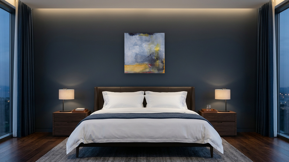No. 355 by Michelle Oppenheimer, shown at 32 × 32 in (81.3 × 81.3 cm) as gallery-wrapped canvas, hotel guest room
