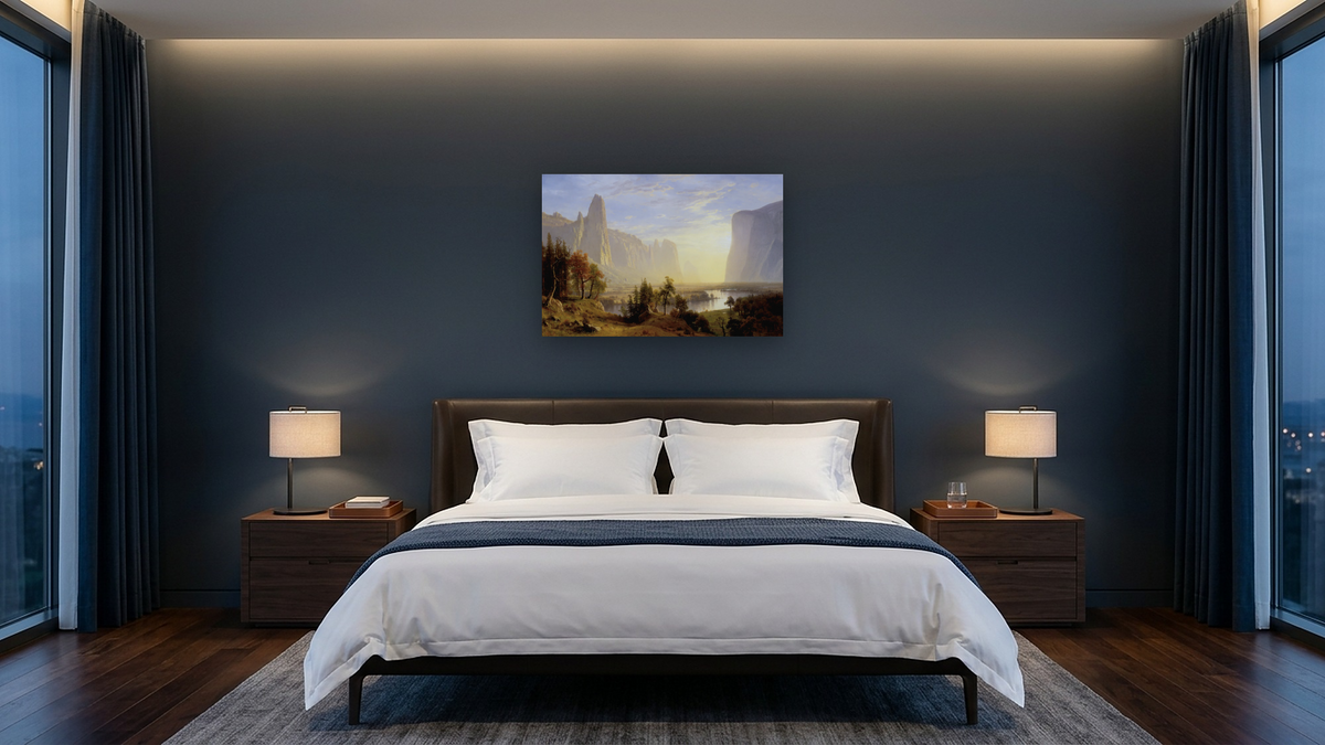 Yosemite Valley by Albert Bierstadt, shown at 28 × 42 in (71.1 × 106.7 cm) as gallery-wrapped canvas, hotel guest room