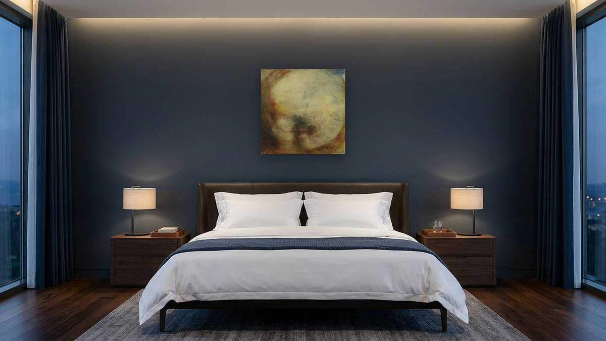 Light and Colour (Goethe's Theory) - the Morning after the Deluge - Moses Writing the Book of Genesis by Joseph Mallord William Turner, shown at 32 × 32 in (81.3 × 81.3 cm) as gallery-wrapped canvas, hotel guest room