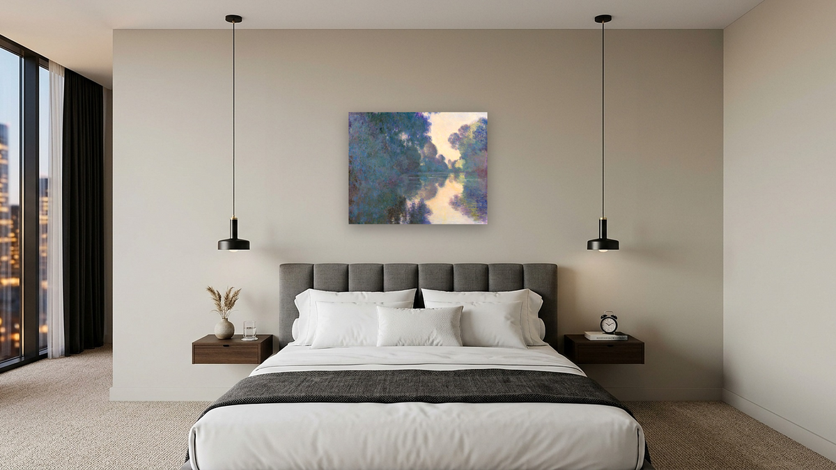 Morning on the Seine near Giverny by Claude Monet, shown at 32 × 40 in (81.3 × 101.6 cm) as gallery-wrapped canvas, hotel guest room