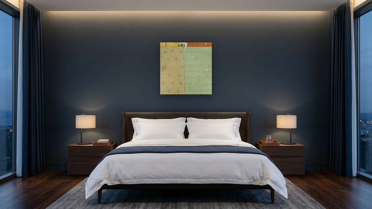 Elasticity by Adele Sypesteyn, shown at 32 × 32 in (81.3 × 81.3 cm) as gallery-wrapped canvas, hotel guest room