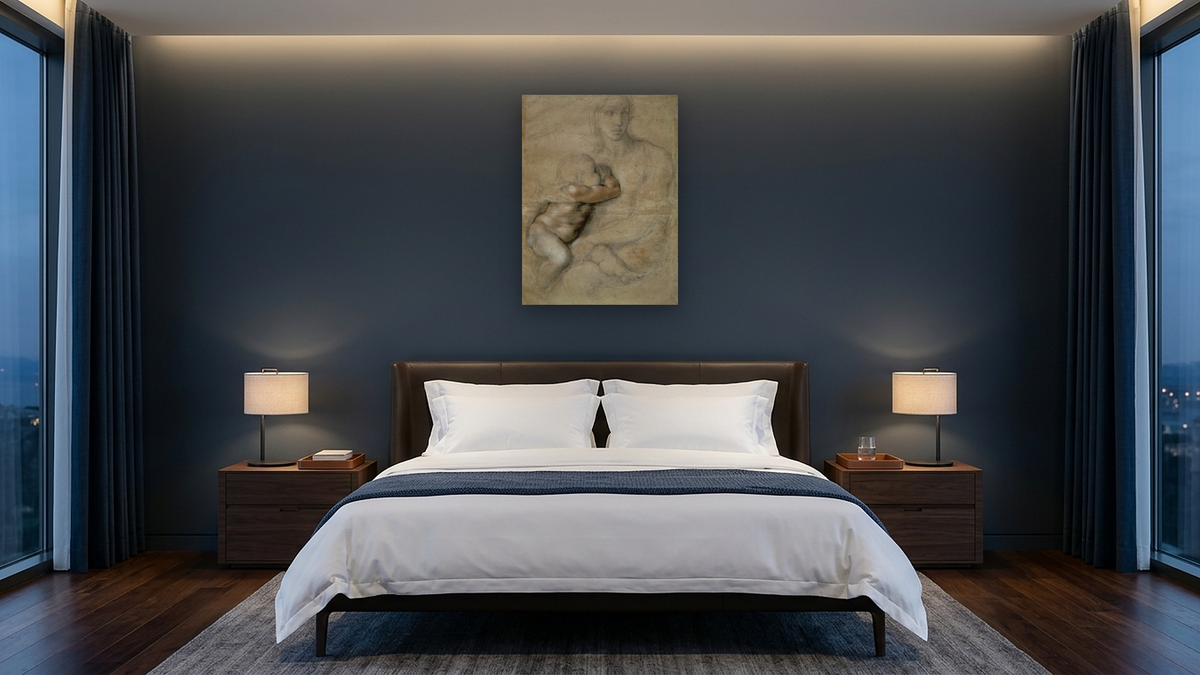 Madonna and child by Michelangelo Buonarroti, shown at 30 × 40 in (76.2 × 101.6 cm) as gallery-wrapped canvas, hotel guest room