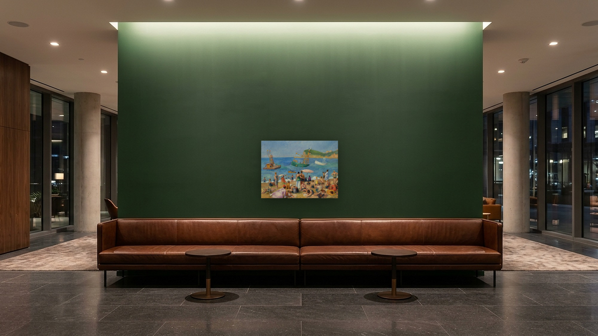 Beach, St. Jean de Luz by William Glackens, shown at 30 × 40 in (76.2 × 101.6 cm) as gallery-wrapped canvas, hotel lobby