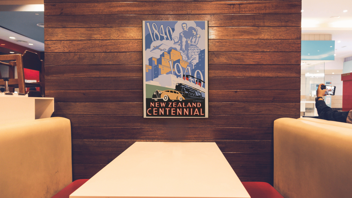 BPL Travel Posters, shown at 28 × 42 in (71.1 × 106.7 cm) as gallery-wrapped canvas, restaurant