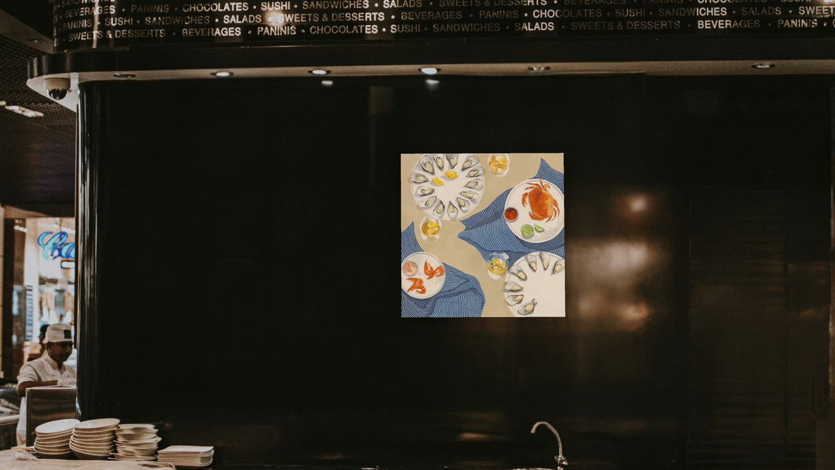 Twenty Oysters by Catherine Gerke, shown at 32 × 32 in (81.3 × 81.3 cm) as gallery-wrapped canvas, restaurant
