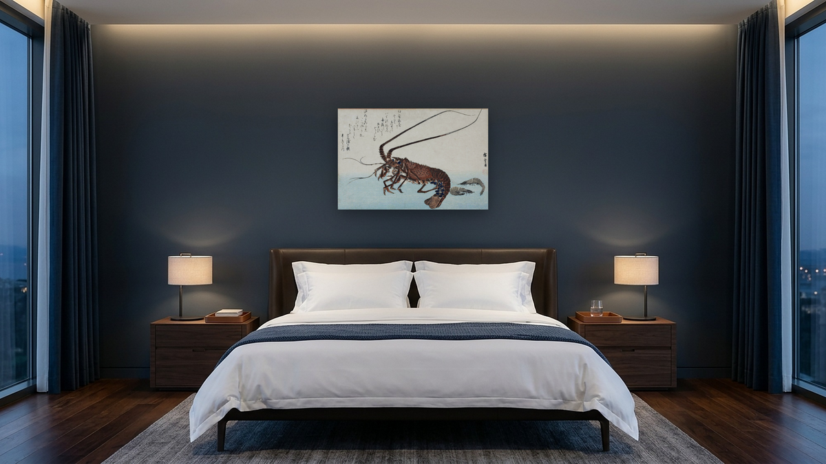 Shrimp and lobster by Andō Hiroshige, shown at 28 × 42 in (71.1 × 106.7 cm) as gallery-wrapped canvas, hotel guest room