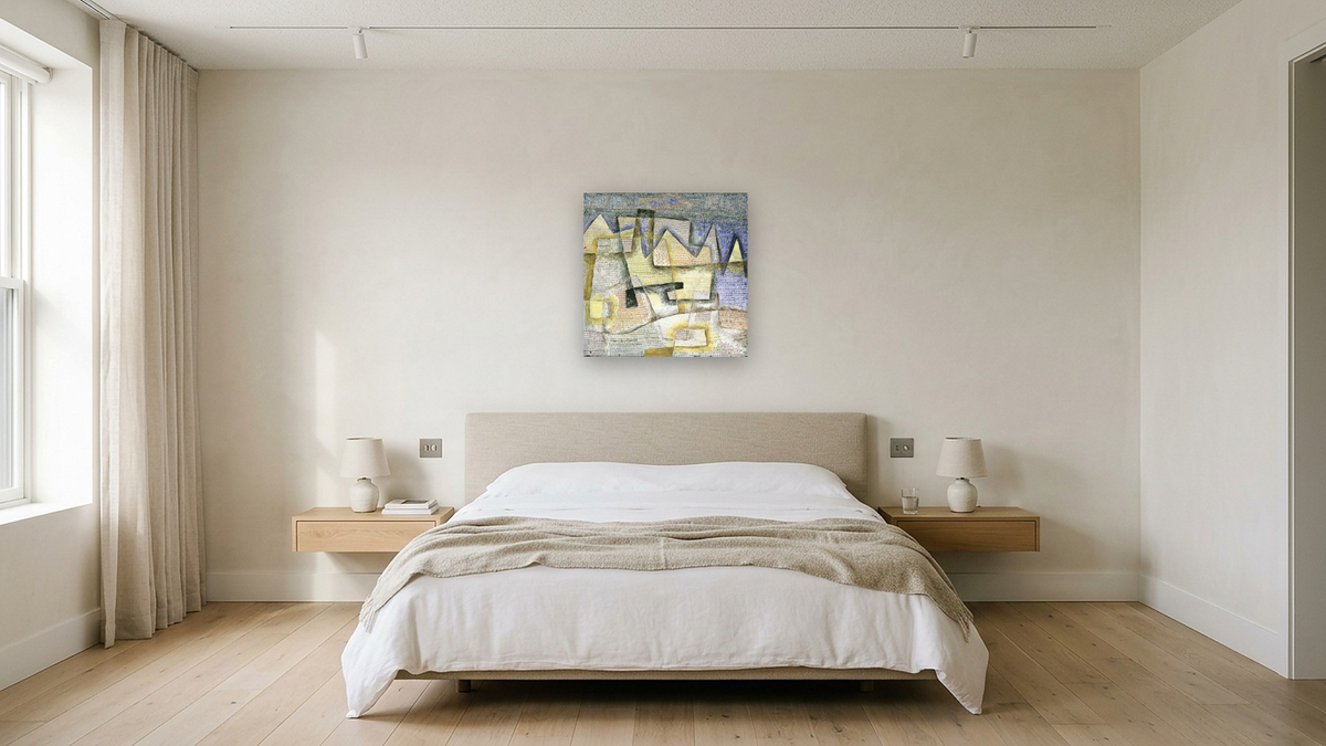 Rocky Coast, shown at 32 × 32 in (81.3 × 81.3 cm) as gallery-wrapped canvas, hotel guest room