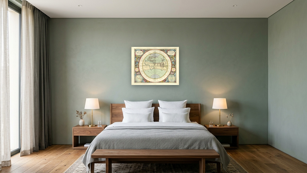 Plate 13 from Harmonia Macrocosmica by Andreas Cellarius, shown at 32 × 40 in (81.3 × 101.6 cm) as gallery-wrapped canvas, hotel guest room
