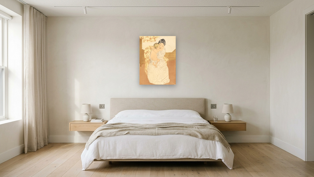 Maternal Caress by Mary Cassatt, shown at 30 × 40 in (76.2 × 101.6 cm) as gallery-wrapped canvas, hotel guest room