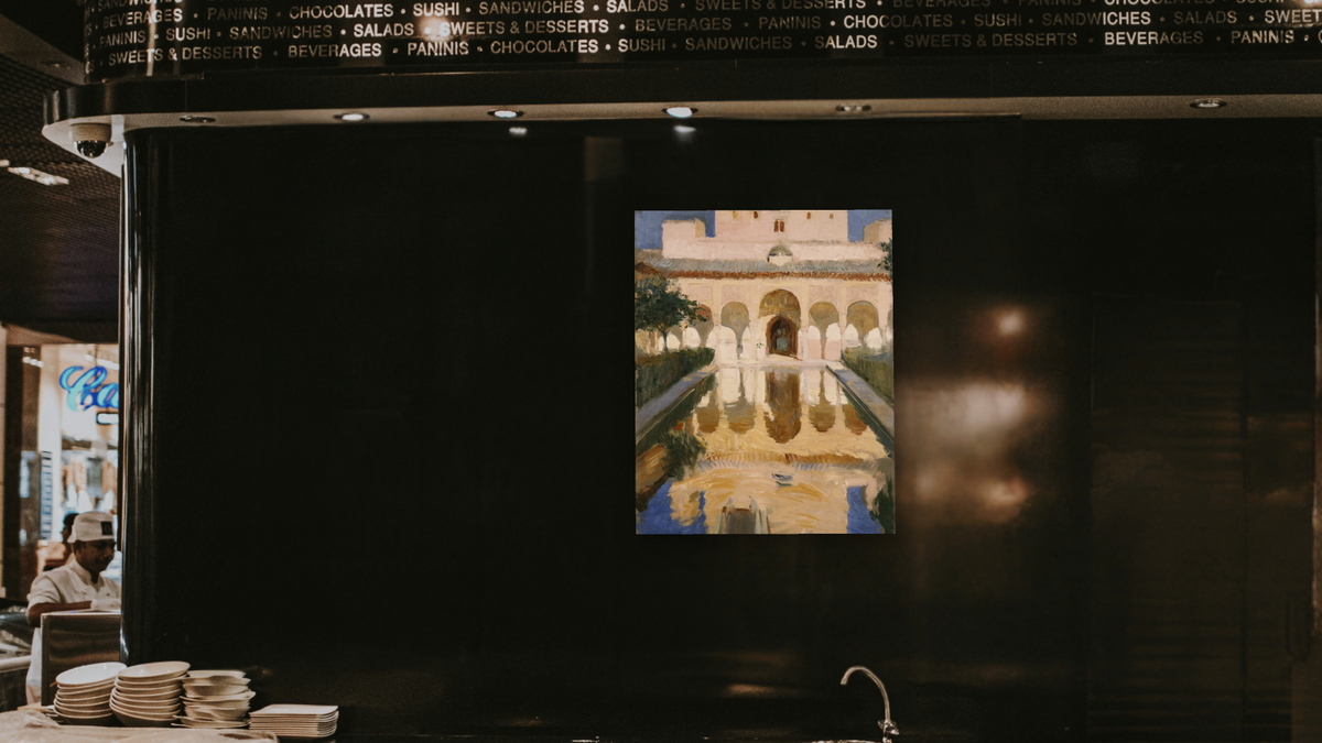 Hall of the Ambassadors, Alhambra, Granada by Joaquin Sorolla y Bastida, shown at 32 × 40 in (81.3 × 101.6 cm) as gallery-wrapped canvas, restaurant