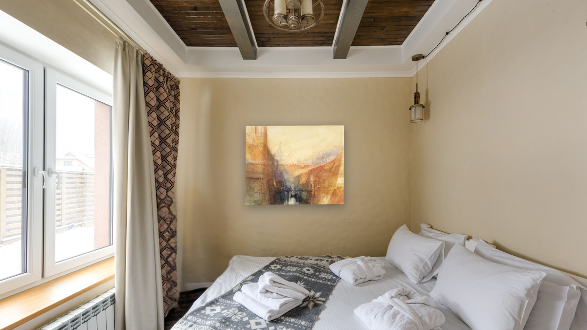 Venice: An Imaginary View of the Arsenale by Joseph Mallord William Turner, shown at 32 × 40 in (81.3 × 101.6 cm) as gallery-wrapped canvas, hotel guest room