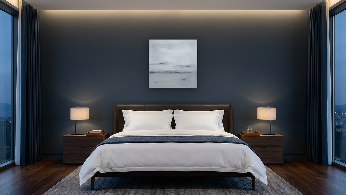 LS No. 205 by Brandon McKenzie, shown at 32 × 32 in (81.3 × 81.3 cm) as gallery-wrapped canvas, hotel guest room