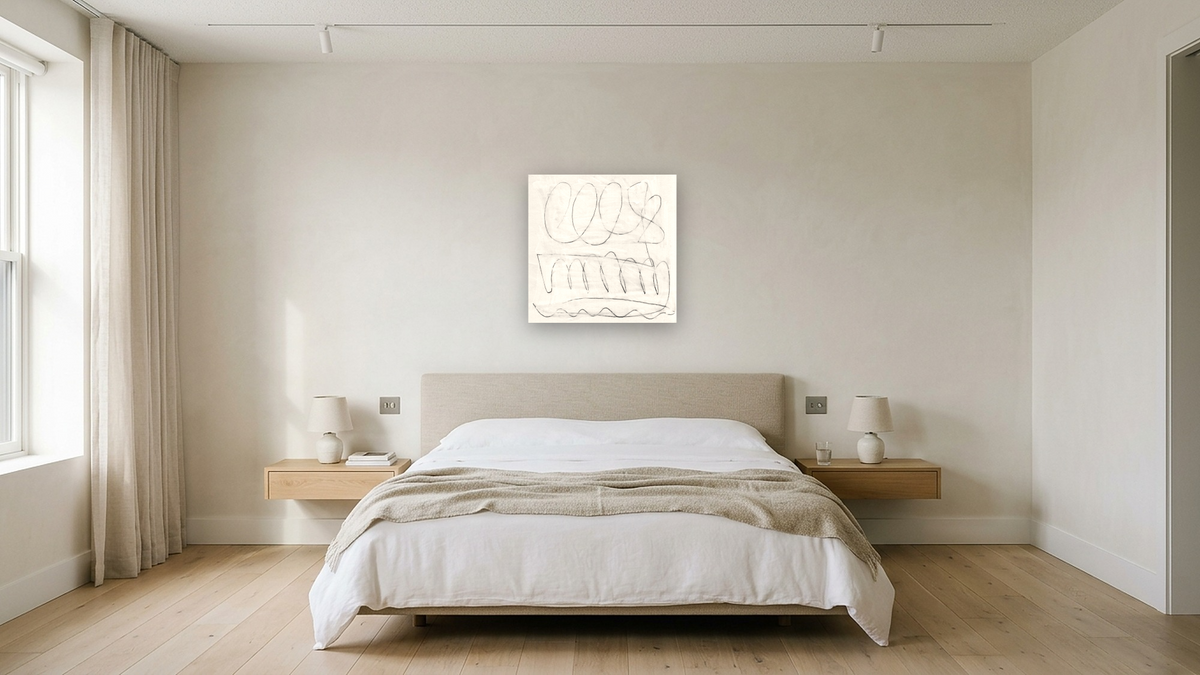 Mild by Dan Hobday, shown at 32 × 32 in (81.3 × 81.3 cm) as gallery-wrapped canvas, hotel guest room